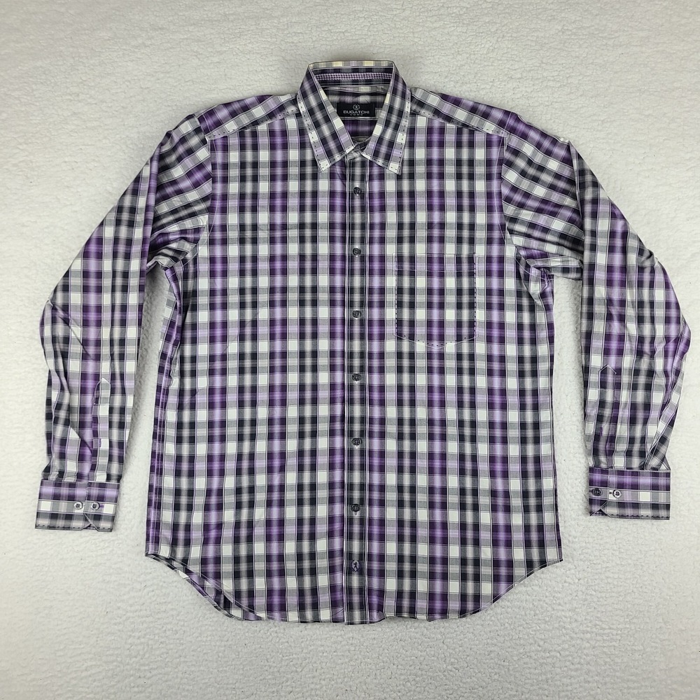Bugatchi Uomo Shirt Mens Large Black Purple Plaid Check Dress Button‎ Up *